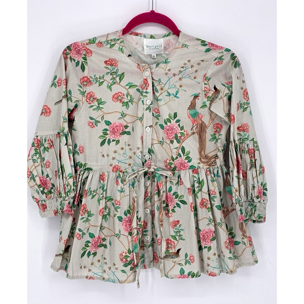 Marigold by Victoria Dunn XS Gray Bird Floral Cotton Peplum Tie Waist 3/4 Blouse